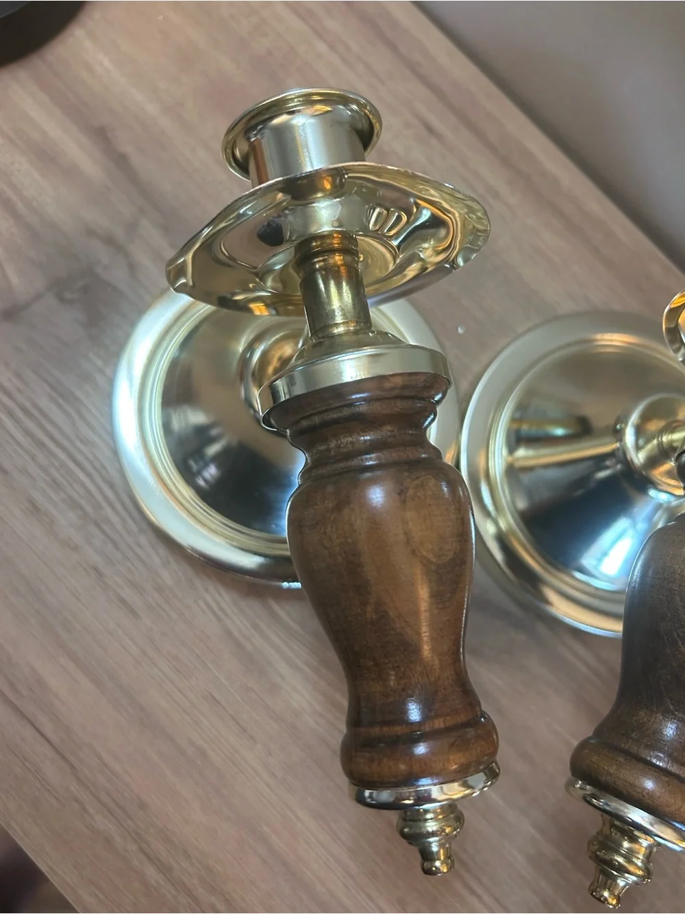 Brass and Brown Wood Wall sconces — Set of 4
